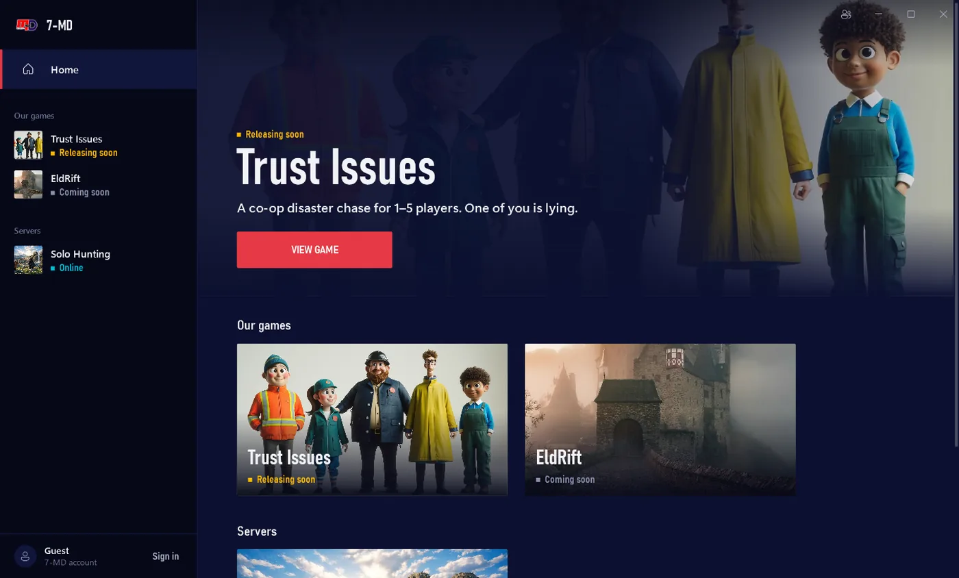 The 7-MD Launcher home screen with Trust Issues, EldRift and the Solo Hunting server